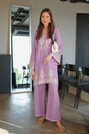 Ss26dc-2591 – Purple – Cotton Jacquard – 2pcs – Embroidered Kurta With Trouser by dhanak, South Asian ethnic wear