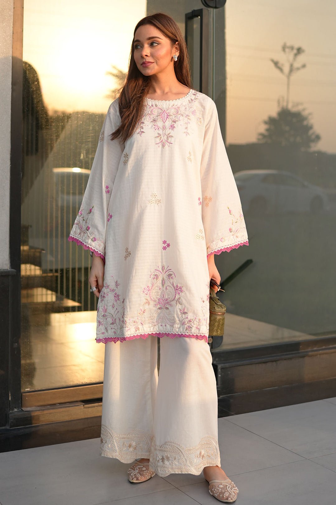Ss26dc-2592 - Off White - Cotton Jacquard - 2pcs - Embroidered Kurta With Trouser