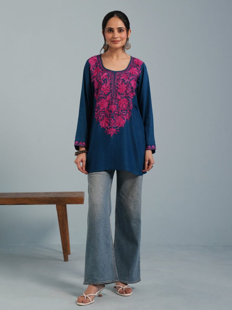 Blue Kashmiri Aari Embroidered Rayon Kurta by Kashmir Box, South Asian ethnic wear