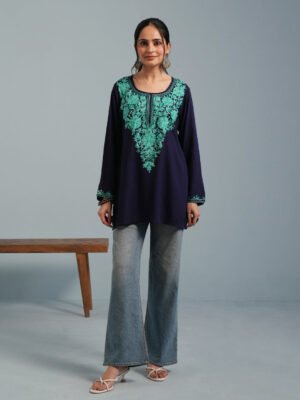 Navy Blue Kashmiri Aari Embroidered Rayon Kurta by Kashmir Box, South Asian ethnic wear