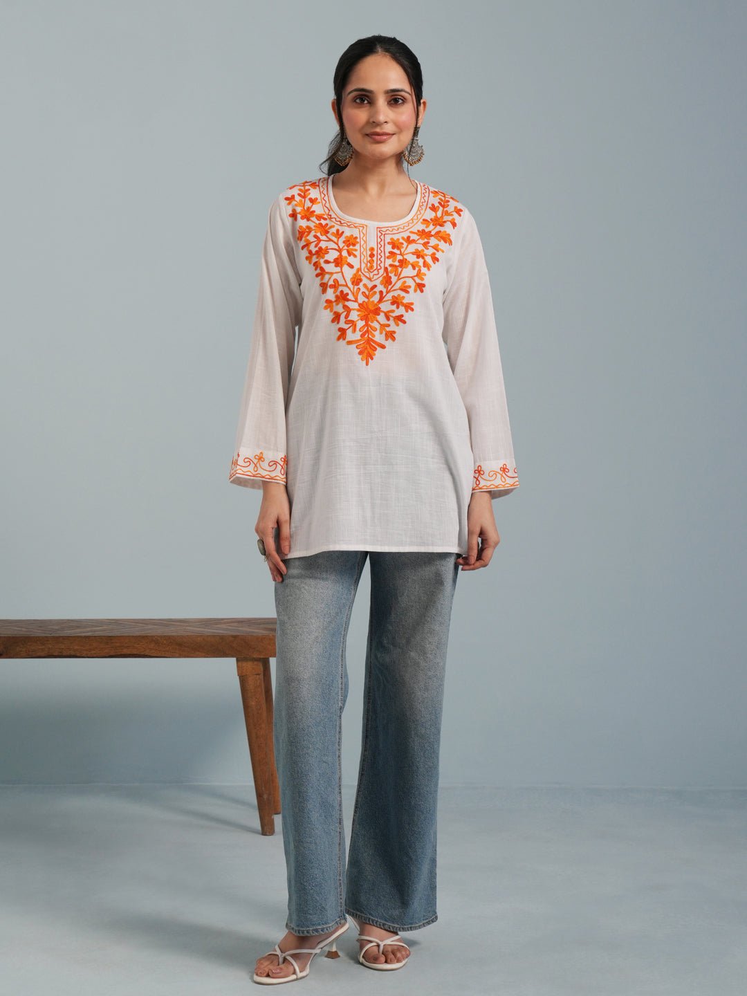 White Kashmiri Aari Embroidered Rayon Kurta by Kashmir Box, South Asian ethnic wear