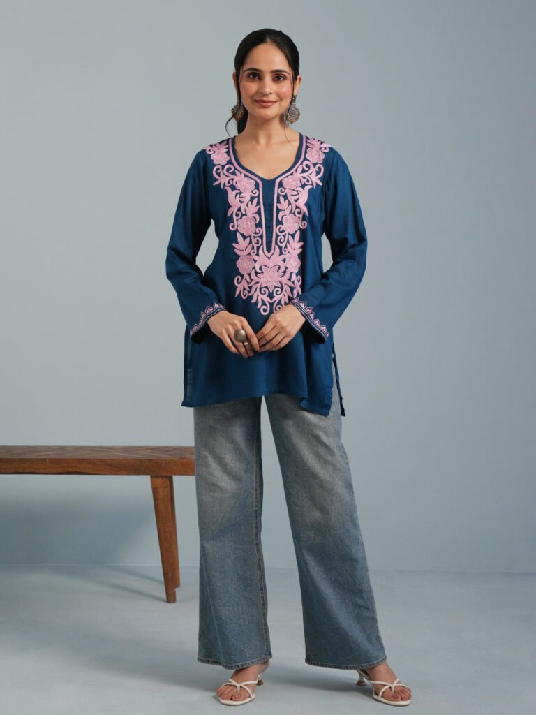 Blue Kashmiri  Aari Embroidered  Rayon Kurta by Kashmir Box, South Asian ethnic wear