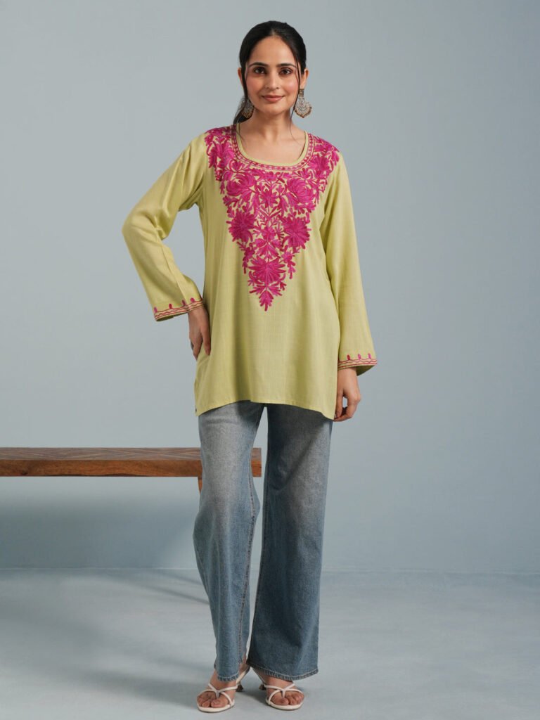 Light Green Kashmiri Aari Embroidered Rayon Kurta by Kashmir Box, South Asian ethnic wear