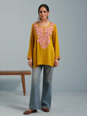 Mustard Yellow Kashmiri Aari Embroidered Rayon Kurta by Kashmir Box, South Asian ethnic wear
