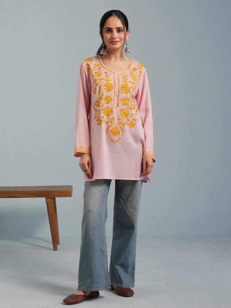 Baby Pink Kashmiri Aari Embroidered Rayon Kurta by Kashmir Box, South Asian ethnic wear