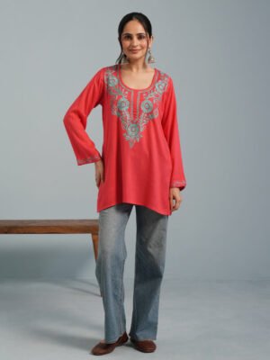 Pink Kashmiri Aari Embroidered  Rayon Kurta
