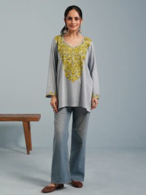 Light Blue Kashmiri Aari Embroidered Rayon Kurta by Kashmir Box, South Asian ethnic wear