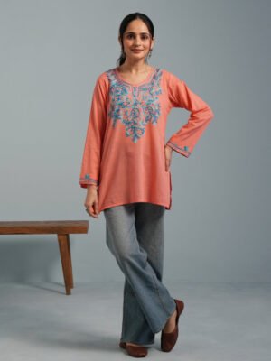 Peach Kashmiri Aari Embroidered Rayon Kurta by Kashmir Box, South Asian ethnic wear