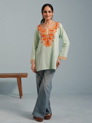 Light Green Kashmiri Aari Embroidered Rayon Kurta by Kashmir Box, South Asian ethnic wear