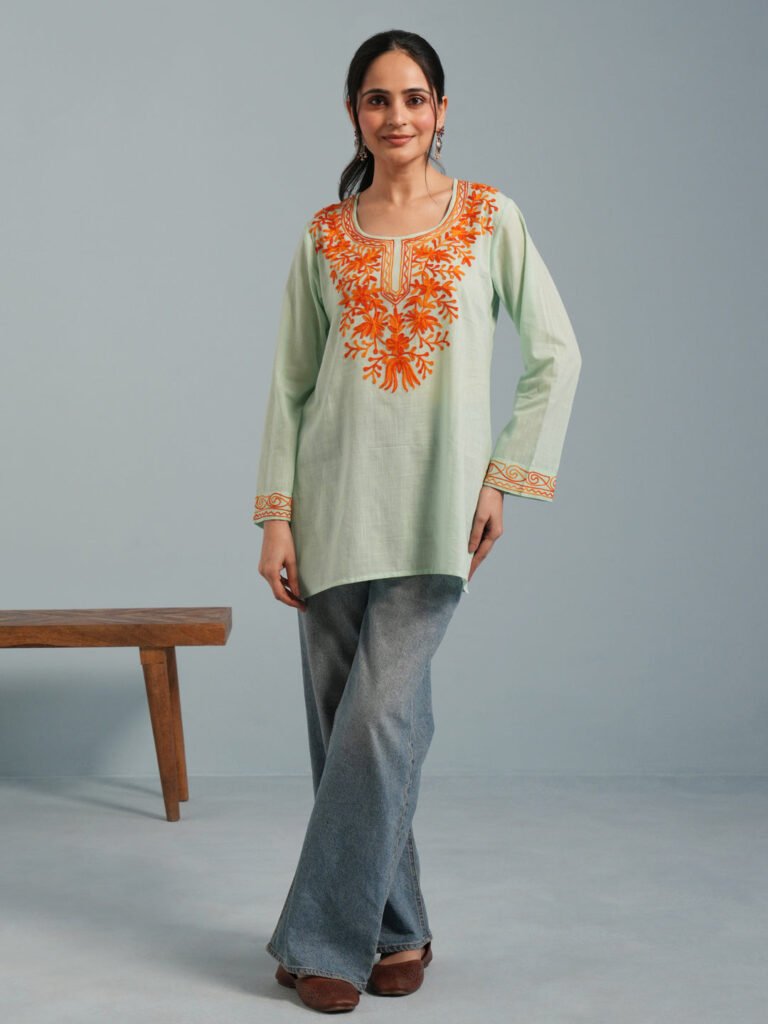Light Green Kashmiri Aari Embroidered Rayon Kurta by Kashmir Box, South Asian ethnic wear