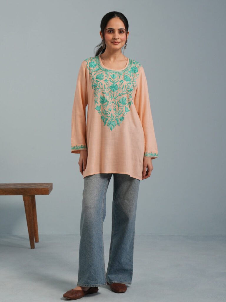 Almond  Kashmiri Aari Embroidered Rayon Kurta by Kashmir Box, South Asian ethnic wear