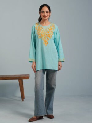 Sky Blue Kashmiri Aari Embroidered  Rayon Kurta