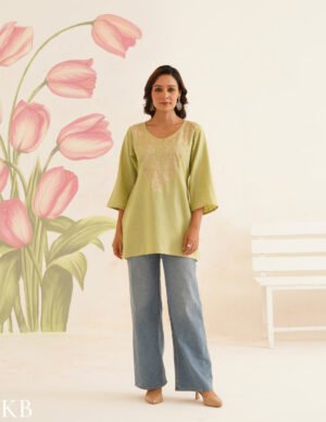 Light Green Kurti With Golden Zari Embroidery | Bahaar Collection 2025 by Kashmir Box, South Asian ethnic wear