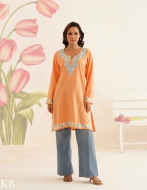 Peach Cotton Kurti With Blue Floral Embroidery | Bahaar Collection 2025 by Kashmir Box, South Asian ethnic wear
