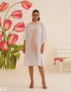 Pure White Aari Embroidered Cotton Kaftan Dress | Comfortable Loose-Fit Summer Dress | Elegant Ethnic Wear by Kashmir Box, South Asian ethnic wear