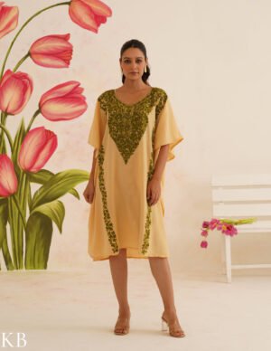 Beige Cotton Kaftan Dress With Olive Green Embroidery | Comfortable Loose-Fit | Summer Ethnic Wear by Kashmir Box, South Asian ethnic wear