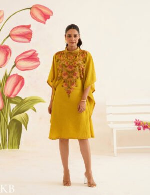 Olive Green Cotton Kaftan Dress | Pink Floral Aari Embroidery | Summer Ethnic Wear by Kashmir Box, South Asian ethnic wear