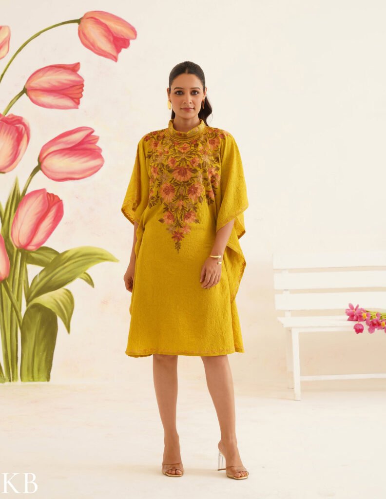 Olive Green Cotton Kaftan Dress | Pink Floral Aari Embroidery | Summer Ethnic Wear by Kashmir Box, South Asian ethnic wear