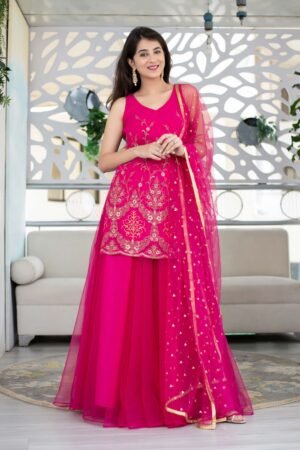 Women'S Pink Georgette Heavy Work Kurta With Long Skirt And Net Dupatta (3pc Set)