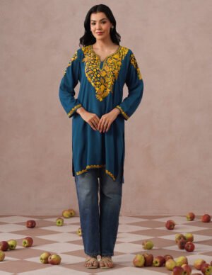 Blue Rayon Kurti – Light Brown & Yellow Earthy Embroidery | Daily Ethnic Wear by Kashmir Box, South Asian ethnic wear