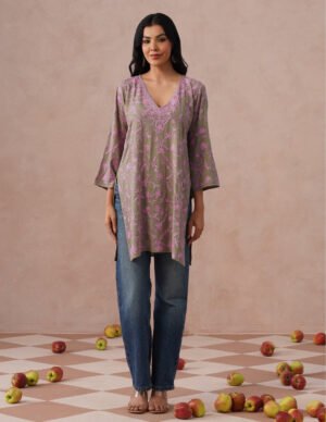 Mouse Grey Rayon Kurti – Pink Aari Embroidery | Office & Casual Ethnic Wear by Kashmir Box, South Asian ethnic wear