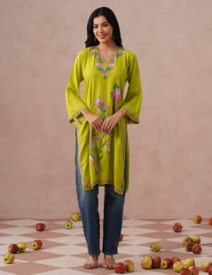 Parrot Green Rayon Kurti – Pink & Green Aari Embroidery | Vibrant Casual Ethnic Wear by Kashmir Box, South Asian ethnic wear