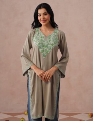 Mouse Grey Rayon Kurti – Green Aari Embroidery | Daily Wear Ethnic Kurti by Kashmir Box, South Asian ethnic wear