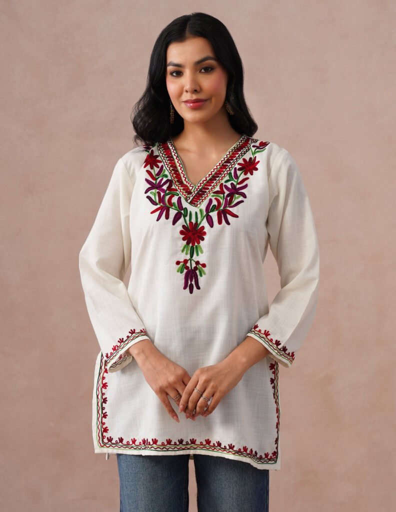 White Kashmiri Aari Embroidered Cotton Kurti For Women | Multicolor Ethnic Wear by Kashmir Box, South Asian ethnic wear