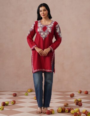 Blush Maroon Cotton Kurti – Grey & White Aari Embroidery | Office Ethnic Wear by Kashmir Box, South Asian ethnic wear