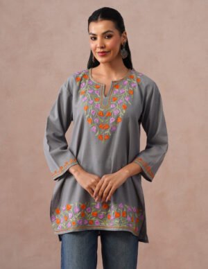 Grey Kashmiri Aari Embroidered Cotton Kurti For Women | Multicolor Ethnic Wear by Kashmir Box, South Asian ethnic wear