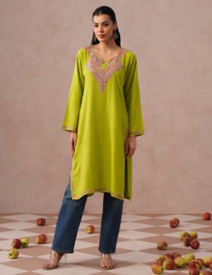 Parrot Green Kashmiri Aari Embroidered Rayon Kurti For Women | Vibrant Ethnic Wear by Kashmir Box, South Asian ethnic wear