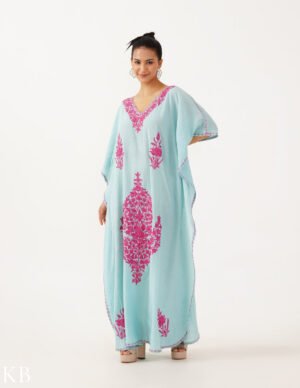 Mint Kashmiri Aari Embroidered Summer Cotton Kaftan For Women | Candy Pink Ethnic Wear by Kashmir Box, South Asian ethnic wear