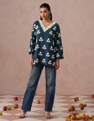 Blue Rayon Kurti – Light Blue & Red Dual Tone Embroidery | Office Ethnic Wear by Kashmir Box, South Asian ethnic wear