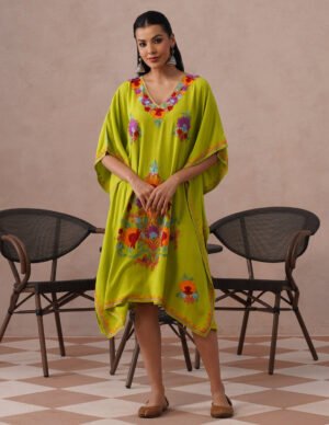 Parrot Green Kashmiri Aari Embroidered Rayon Kaftan For Women | Elegant Ethnic Wear by Kashmir Box, South Asian ethnic wear