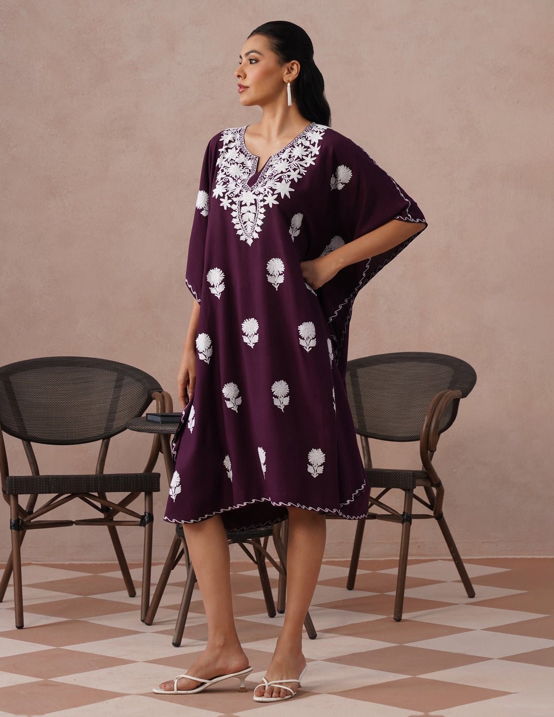 Wine Rayon Kaftan – White Aari Embroidery | Classic Single Piece Comfort Wear