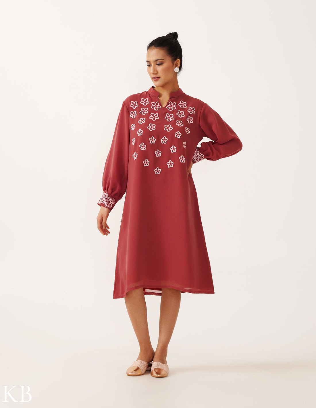 Berry Artisanal Embroidered Blush Balloon Sleeves Georgette Tunic by Kashmir Box, South Asian ethnic wear
