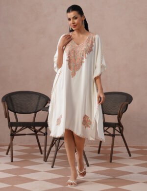 Off White Kashmiri Aari Embroidered Rayon Kaftan For Women | Multicolor Ethnic Wear by Kashmir Box, South Asian ethnic wear