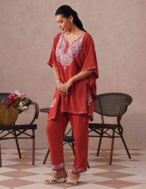 Red Rayon Kaftan Set – Multicolor Aari Embroidery | Comfortable Ethnic Wear by Kashmir Box, South Asian ethnic wear
