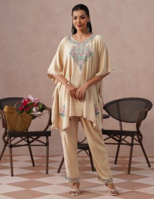 Fawn Kashmiri Aari Embroidered Rayon Kaftan Set For Women | Neutral Ethnic Wear by Kashmir Box, South Asian ethnic wear
