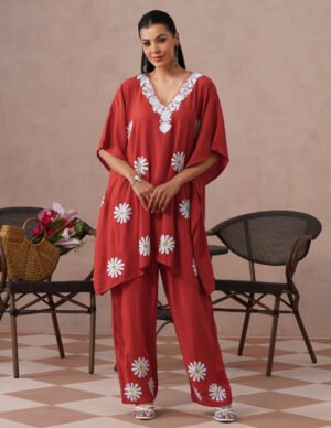 Blush Maroon Rayon Kaftan Set – White Aari Embroidery | Elegant Comfort Wear by Kashmir Box, South Asian ethnic wear