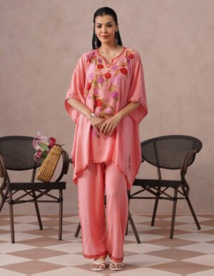 Pink Kashmiri Aari Embroidered Rayon Kaftan Set For Women | Comfortable Ethnic Wear by Kashmir Box, South Asian ethnic wear