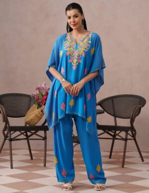 Blue Kashmiri Aari Embroidered Rayon Kaftan Set For Women | Everyday Ethnic Wear by Kashmir Box, South Asian ethnic wear