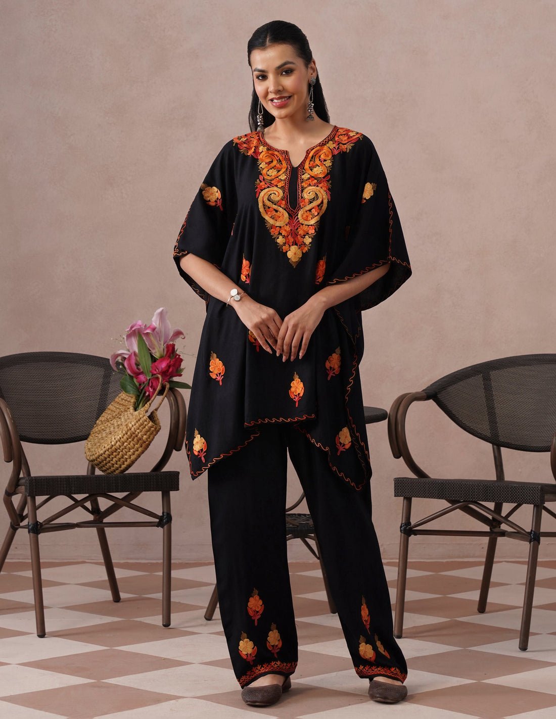 Black Rayon Kaftan Set – Multicolor Embroidery | Versatile Daily Comfort Wear Free Size by Kashmir Box, South Asian ethnic wear