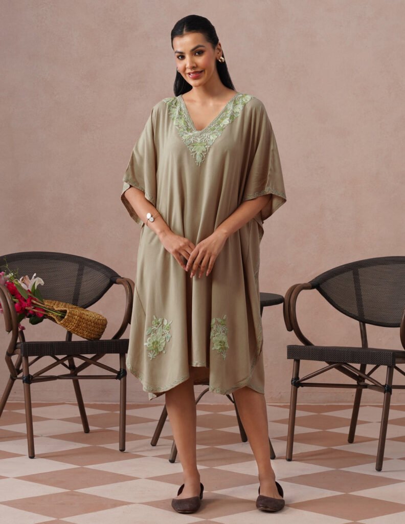 Mouse Grey Rayon Kaftan – Green Embroidery | Single Piece Comfort Ethnic Wear by Kashmir Box, South Asian ethnic wear