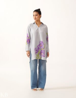 Orris Hand Aari Collared Long Sky Grey Rayon Shirt by Kashmir Box, South Asian ethnic wear