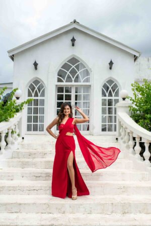 Red Skirt Slit Saree by Label Shaurya Sanadhya, South Asian ethnic wear