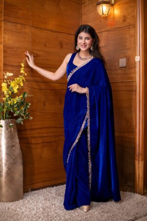 Velvet Electric Blue Ready To Wear Saree by Label Shaurya Sanadhya, South Asian ethnic wear
