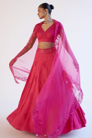 Fuchsia Pink Embroidered Cotton Silk Satin Lehenga Set by Devnaagri, South Asian ethnic wear