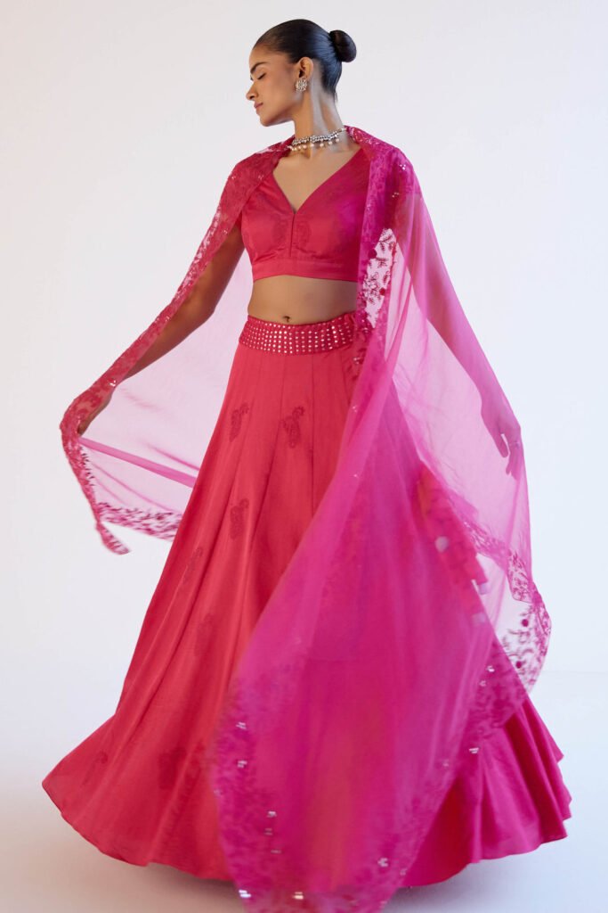Fuchsia Pink Embroidered Cotton Silk Satin Lehenga Set by Devnaagri, South Asian ethnic wear