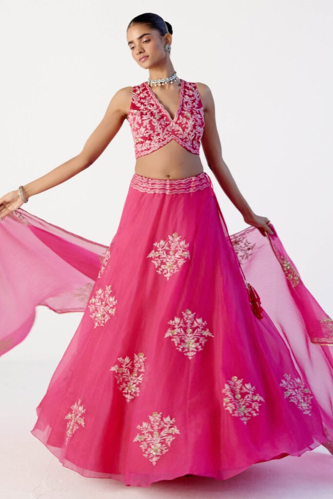 Fuchsia Pink Dori And Sequins Embroidered Lehenga Set by Devnaagri, South Asian ethnic wear